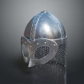 Silver Ancient Warrior Helmet With Metal Chainmail Decorative Details And Medieval Protective Design