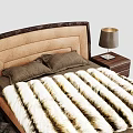 Elegant Double Bed With Leather Headboard Wooden Nightstands Table Lamps Striped Fur Blanket And Rug
