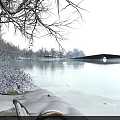 Misty Winter Snowy Lakeside Landscape With Frosted Trees Wooden Benches And Distant Stone Arch Bridge