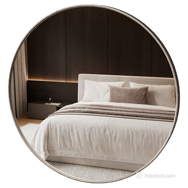 Round Mirror Reflecting Modern Bedroom With White Bedding And Dark Wood Wall 3d model 