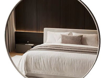 Round Mirror Reflecting Modern Bedroom With White Bedding And Dark Wood Wall 3d model