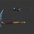 Ornate Fantasy Weapon With Blue Blade Colorful Handle Golden Accents Chain And Decorative Pendant
