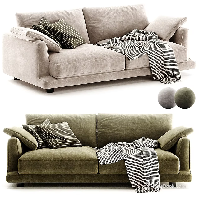 Cozy Two Seater Sofa With Decorative Pillows And Striped Blankets In Beige Green 3d model 