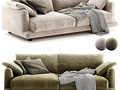 Cozy Two Seater Sofa With Decorative Pillows And Striped Blankets In Beige Green 3d model