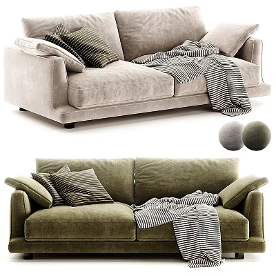 Cozy Two Seater Sofa With Decorative Pillows And Striped Blankets In Beige Green 3d model