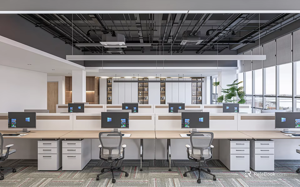 Public Office Space Interior With Desks Computers Office Chairs Filing Cabinets And Windows 3d model 