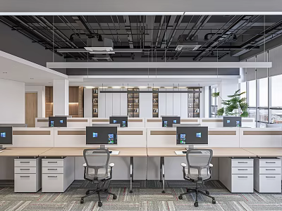 Public Office Space Interior With Desks Computers Office Chairs Filing Cabinets And Windows 3d model