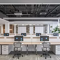 Public Office Space Interior With Desks Computers Office Chairs Filing Cabinets And Windows