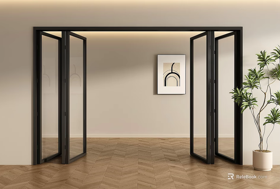 Black Folding Doors In Modern Interior With Wooden Floor Green Plant And Wall Art 3d model 