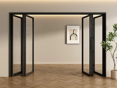 Black Folding Doors In Modern Interior With Wooden Floor Green Plant And Wall Art 3d model