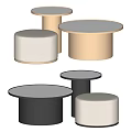 Modern Round Coffee Tables With Gold Black Metal Bases And Beige Cushioned Stools