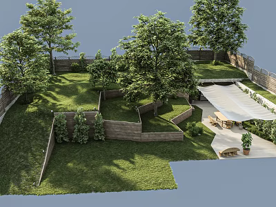 Lush Garden Landscape With Mature Trees Wooden Fence Layered Terraces And Patio Canopy 3d model