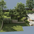 Lush Garden Landscape With Mature Trees Wooden Fence Layered Terraces And Patio Canopy