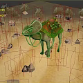Camel Standing In Desert With Red Saddle And Green Bushes Around Sandy Ground