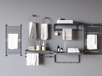 Modern Bathroom Storage Shelves With Heated Towel Rails Hanger Rings And Toiletries 3d model