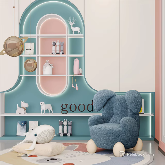 Blue Elephant Shaped Single Sofa in Pink Blue Room with Deer Planet Decor and Glowing Good 3d model 