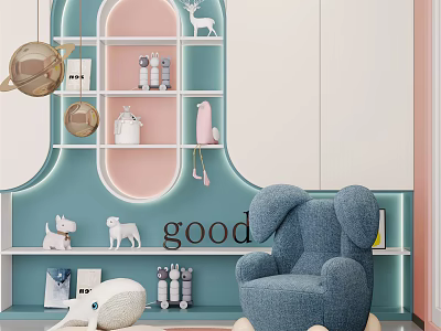 Blue Elephant Shaped Single Sofa in Pink Blue Room with Deer Planet Decor and Glowing Good 3d model
