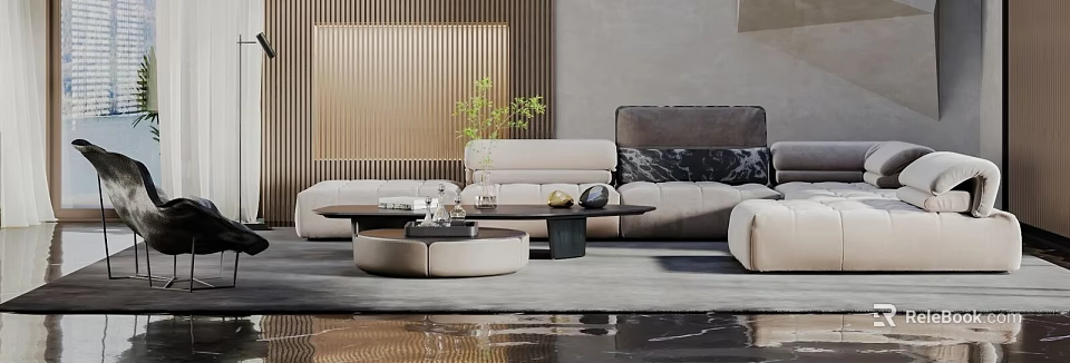 Modern Living Room Interior Design With Beige Sofa Wooden Blinds Coffee Table And Green Plant 3d model 