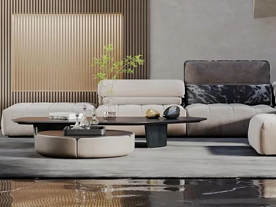 Modern Living Room Interior Design With Beige Sofa Wooden Blinds Coffee Table And Green Plant 3d model