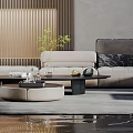 Modern Living Room Interior Design With Beige Sofa Wooden Blinds Coffee Table And Green Plant