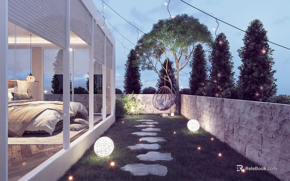 Garden Landscape With Stepping Stones Path Green Lawn Large Tree String Lights And Hanging Chair 3d model 