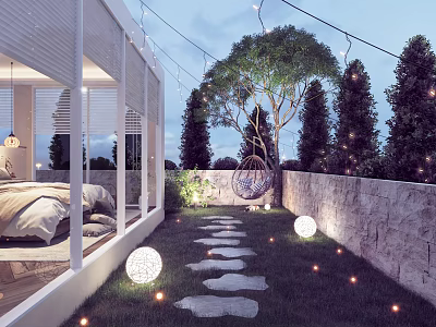 Garden Landscape With Stepping Stones Path Green Lawn Large Tree String Lights And Hanging Chair 3d model
