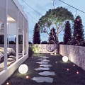 Garden Landscape With Stepping Stones Path Green Lawn Large Tree String Lights And Hanging Chair