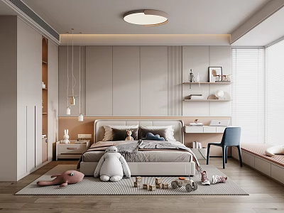 Kids Room Interior Design With Bed Stuffed Toys Building Blocks Desk Shelves And Soft Tones 3d model