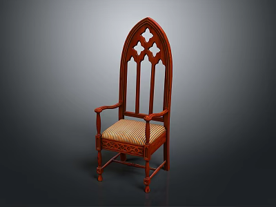 Wooden Leisure Chair With Carved Design Pointed Arch Backrest Armrests And Striped Seat 3d model