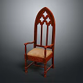 Wooden Leisure Chair With Carved Design Pointed Arch Backrest Armrests And Striped Seat