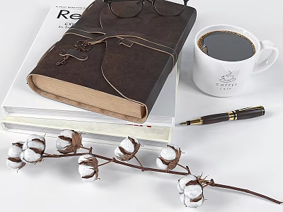 Stylish Decorative Ornament Set with Leather Notebook Eyeglasses Coffee Cup Fountain Pen and Cotton Branch 3d model