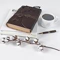 Stylish Decorative Ornament Set with Leather Notebook Eyeglasses Coffee Cup Fountain Pen and Cotton Branch