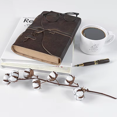 Stylish Decorative Ornament Set with Leather Notebook Eyeglasses Coffee Cup Fountain Pen and Cotton Branch 3d model