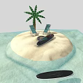 Cartoon Scene With Small Sandy Island Palm Tree Deck Chair Lifebuoy And Water Area