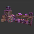 Rustic Medieval Building Interior With Wooden Crates Barrels Decorative Cabinet And Flame Tables