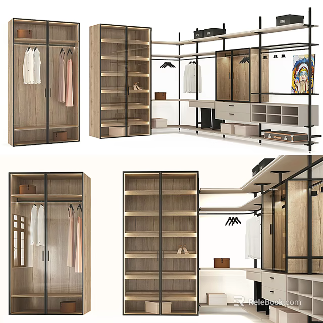 Modern Wardrobe Interior Design With Wooden Shelves Glass Doors And Hanging Rods 3d model 