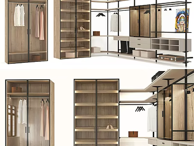 Modern Wardrobe Interior Design With Wooden Shelves Glass Doors And Hanging Rods 3d model