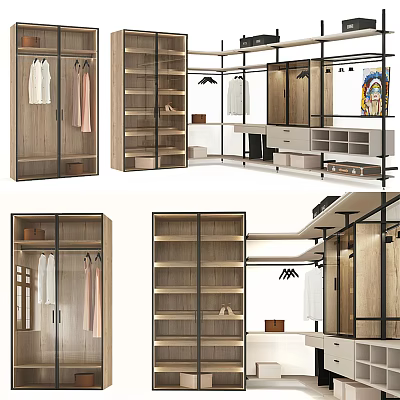 Modern Wardrobe Interior Design With Wooden Shelves Glass Doors And Hanging Rods 3d model