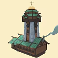 Cartoon Scene Of Detailed Wooden Building With Green Roof White Stone Tower And Smoking Chimney