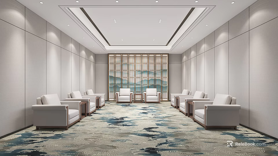 Modern Hotel Public Lounge Area With Gray Sofas Patterned Carpet And Wooden Decorative Screen 3d model