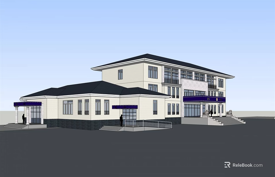 Two Story Building Exterior With White Walls Black Roof Blue Awnings Front Steps And People 3d model 