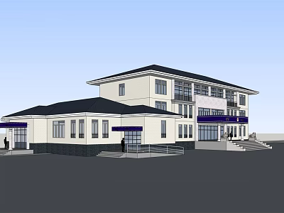 Two Story Building Exterior With White Walls Black Roof Blue Awnings Front Steps And People 3d model