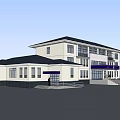 Two Story Building Exterior With White Walls Black Roof Blue Awnings Front Steps And People