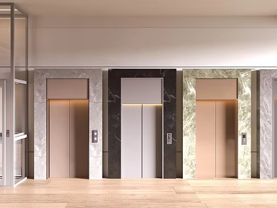 Modern Elevators With Marble Panels And Glass Doors In Lobby Interior 3d model