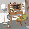 Wooden Desk with Welcome Blackboard Potted Plant Books Alarm Clock and Green Chair