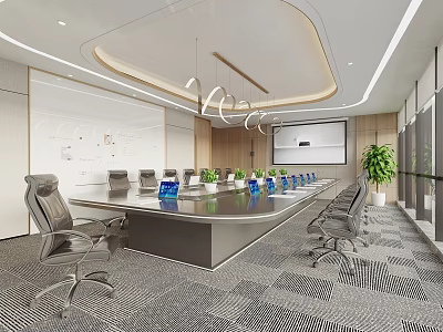 Elegant Modern Conference Room Interior With Long Table Ergonomic Chairs Projector Screen And Potted Plant 3d model