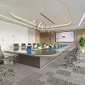 Elegant Modern Conference Room Interior With Long Table Ergonomic Chairs Projector Screen And Potted Plant