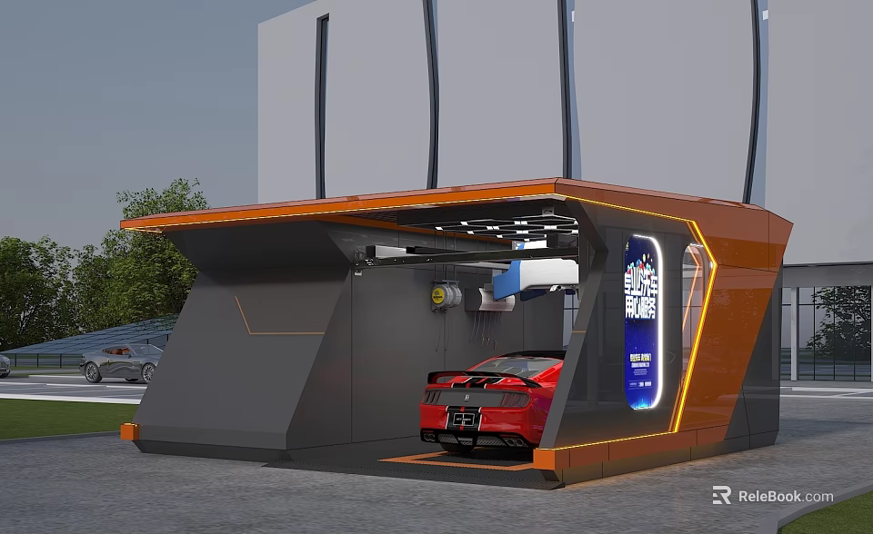 Modern Car Dealership with Contemporary Exterior and Red Sports Car Display and Auto Service Billboard 3d model 