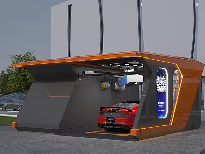 Modern Car Dealership with Contemporary Exterior and Red Sports Car Display and Auto Service Billboard 3d model
