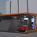 Modern Car Dealership with Contemporary Exterior and Red Sports Car Display and Auto Service Billboard